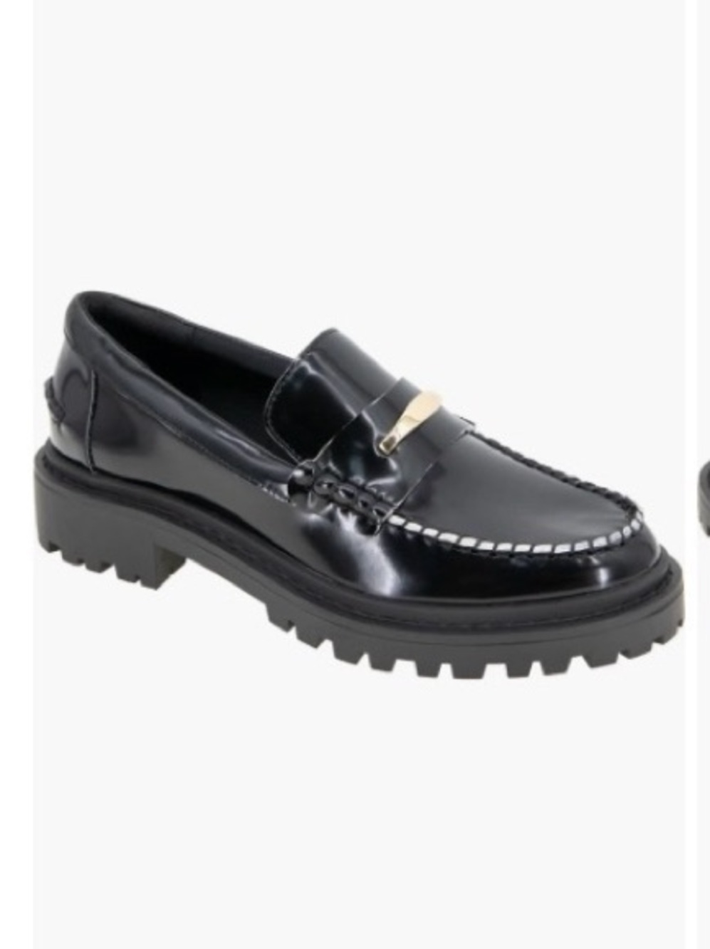 BCBG Black Patent Leather Laney Lug Penny Loafers with Gold Vamp Buckle Preppy - Picture 11 of 16